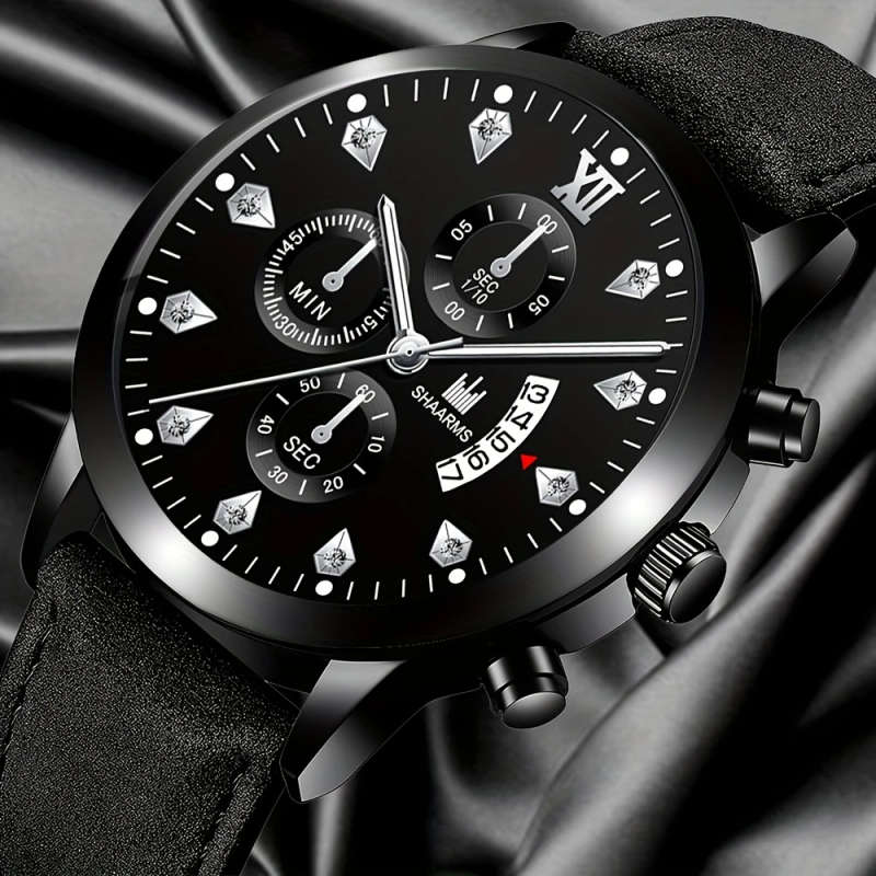 1pc Men's Classic Sport Quartz Watch with Calendar Round Dial Faux Leather Strap Alloy Case Perfect