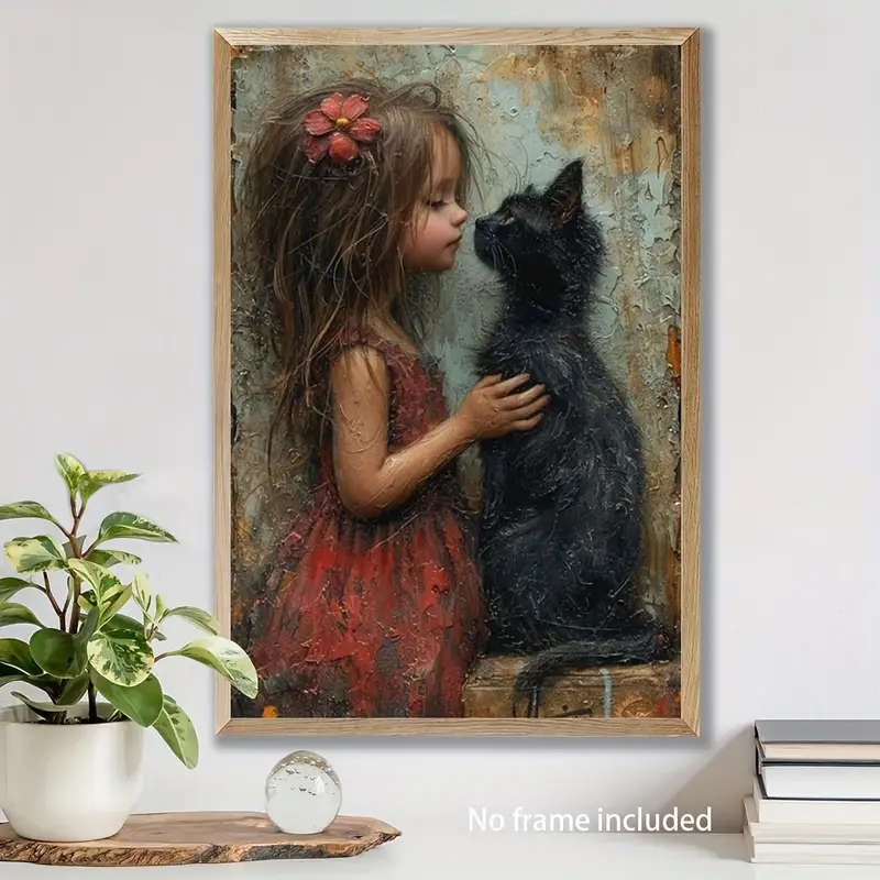 1pc Canvas Wall Art Print Little Girl with Black Cat Painting Poster for Home Office Decor Non-Solid