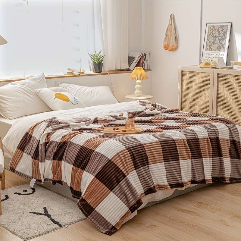 1ps Blanket Color Coffee Gray Grid size 180x200cm