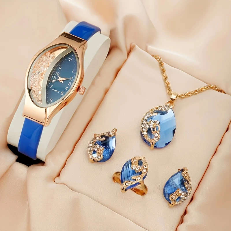 5pcs Set Elegant Women'S Quartz Watch and Jewelry Set Unique Flowing Sand Design Alloy Case