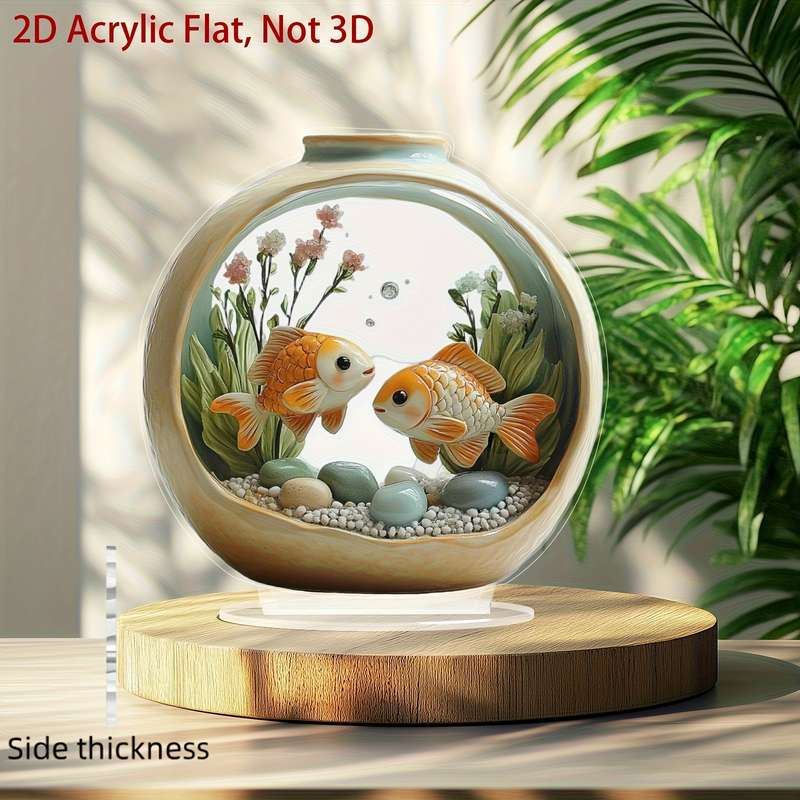 1pc 2D Flat   Bohemian Style Goldenfish Aquarium Acrylic Art Desktop Decor with Base Perfect fo