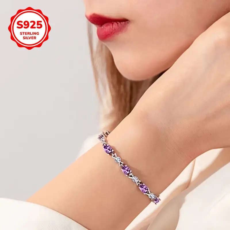 925 Sterling Silver Plated Purple Synthetic Zirconia Chain Bracelet