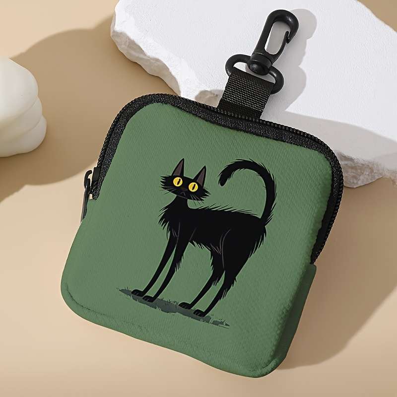 1pc Green Bottom Cat Print Coin Purse with Zipper and Buckle Multi-Purpose Storage Bag for Men