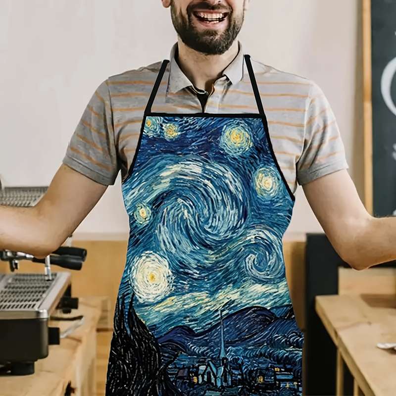 1pc Starry Night Kitchen Apron Stylish Polyester Cooking Apron with Van Gogh-Inspired Design Per
