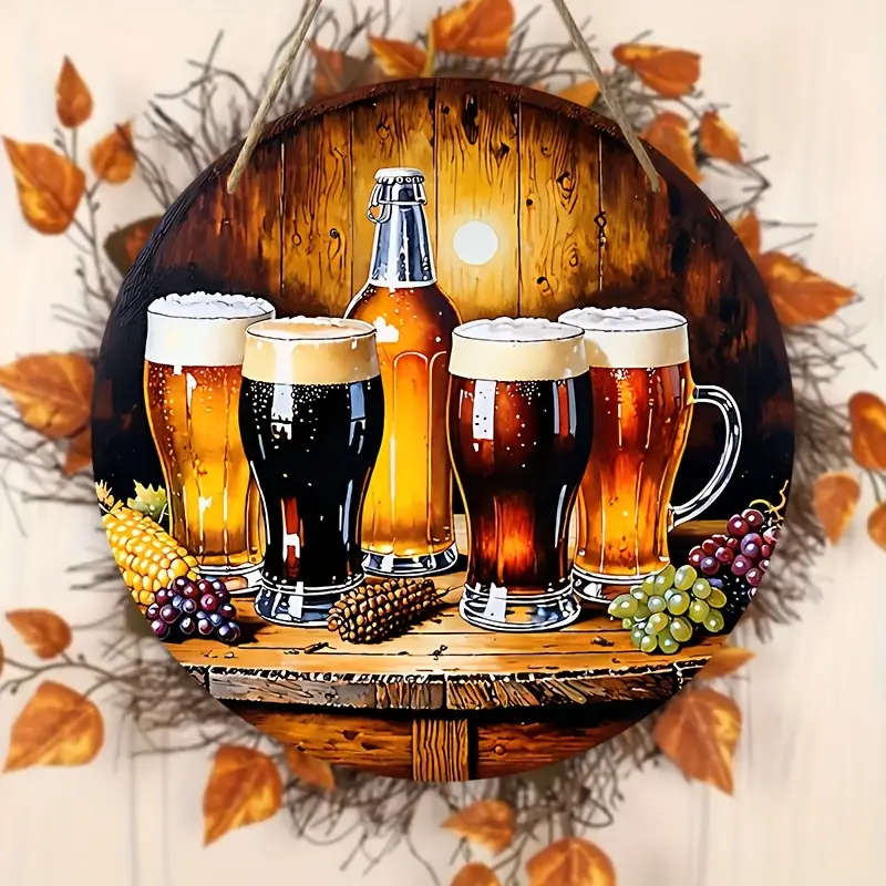 1pc Rustic Beer Mugs Wooden Wall Art 2D Printed Wooden Hanging Decor with Autumn Leaves and Pinecone
