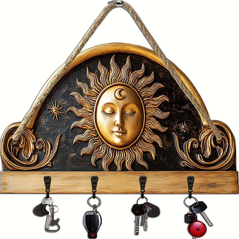 2D Flat 1pc Sun and Moon God Statue Simple Colored Wooden and Home Key Hanger with Four Metal Ho