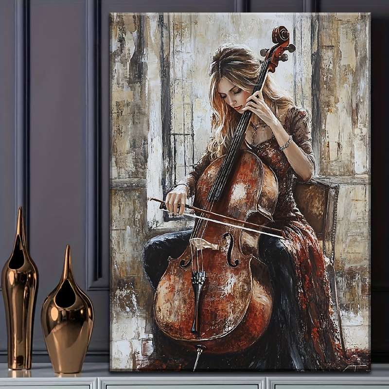 1pc Elegant Cellist Canvas Art Contemporary Fashion-Themed Woman Playing Cello High-Definition