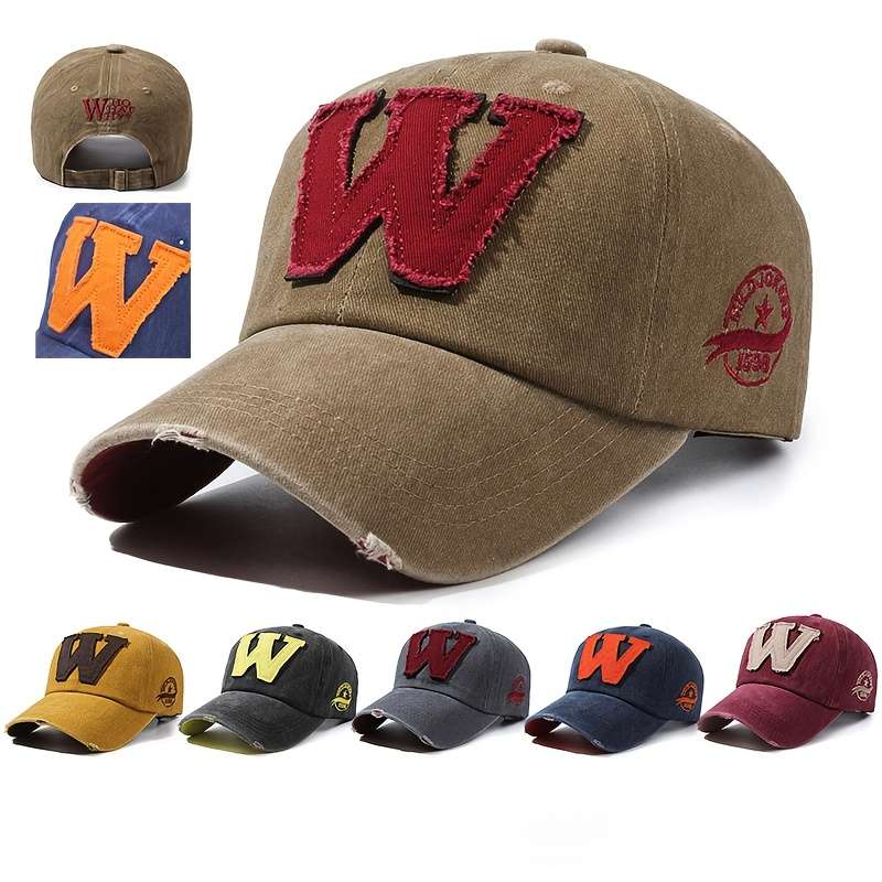 1pc Vintage Washed Embroidered "W" Baseball Cap Adjustable Fit Sweat Absorbent Sun Protection
