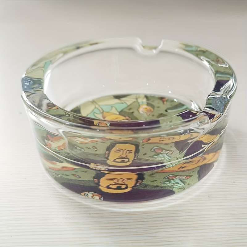 1pc Vibrant Cartoon Family Glass Ashtray 85mm Round Colorful Character Design with Animated