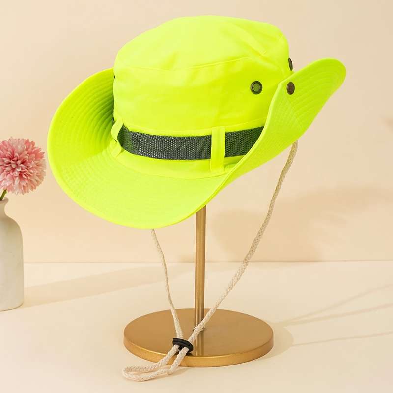 1pc Bright Neon Green Western Cowboy Bucket Hat with Black Mesh Band Breathable Sun-Protective W