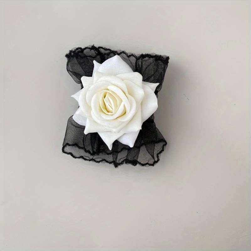 1 Pair Black Lace Rose Wrist Gloves