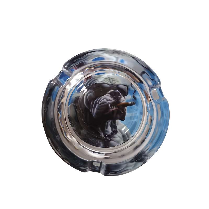 Glass Ashtray Bulldog Design with Fashion Glasses Cigar Illustration Multi-Color Round S