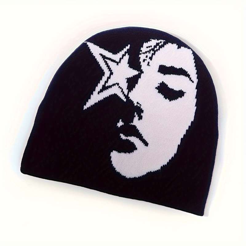1pc Star Face Jacquard Knit Beanie for Women and Men Acrylic Stretchy Skull Cap Lightweight Unise
