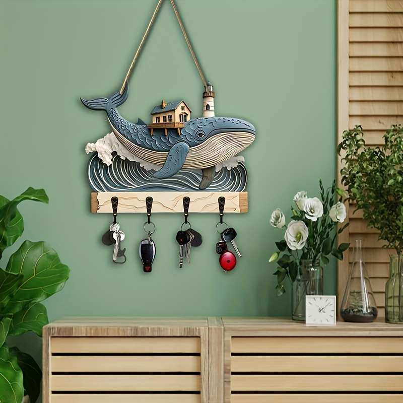 1pc animal theme whale home wooden key hanger key storage with hooks four-season multi-functional