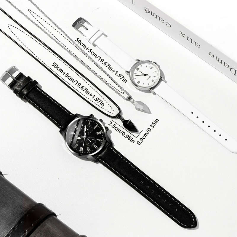 4pcs set Men's and Women's Couple Quartz Watch Set with Magnetic Black and White Love Necklace Simpl