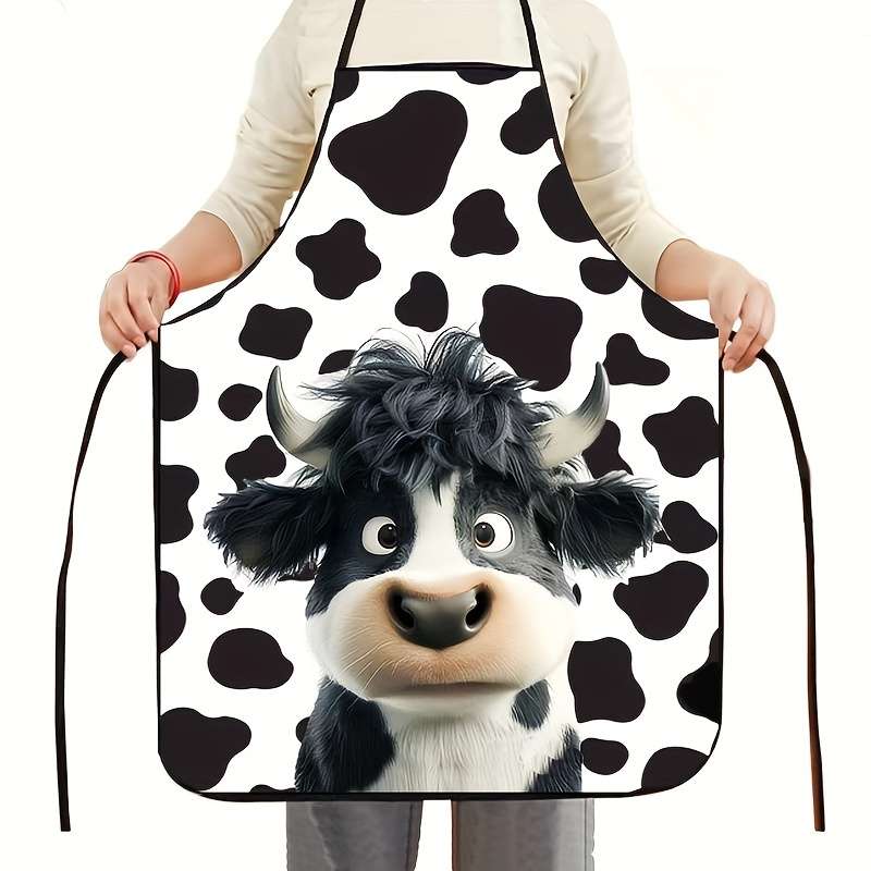 1pc Cartoon Cow Print Apron Unisex Fun Kitchen Apron 100% Polyester Woven Fabric 150gsm Du