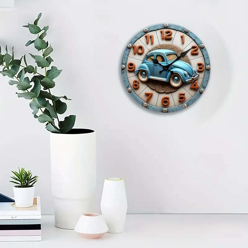 1pc Fashionable And Creative Wooden Surface Wall Clock With A Cute Vintage Car Design Naked Eye 3D E