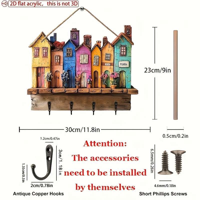 1pc Classic Home Wooden Wall Keychain 29.97cm X 22.86cm with 4 Metal Hooks Multipurpose Home Deco