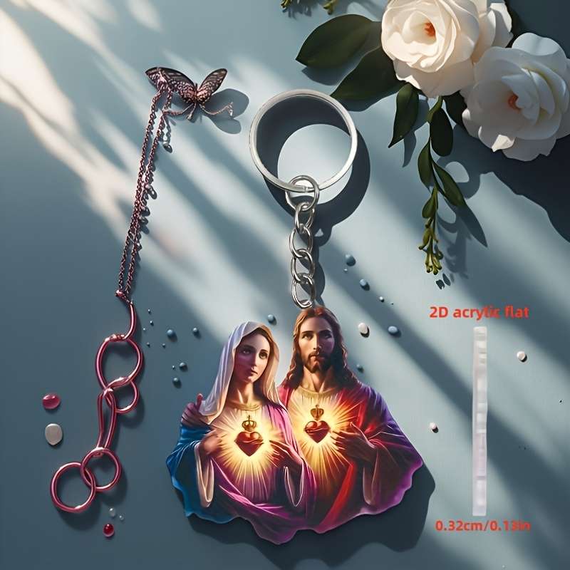 1pc 2D Flat    Acrylic Holy Family Keychain Vibrant Sacred Heart Design Durable Flat