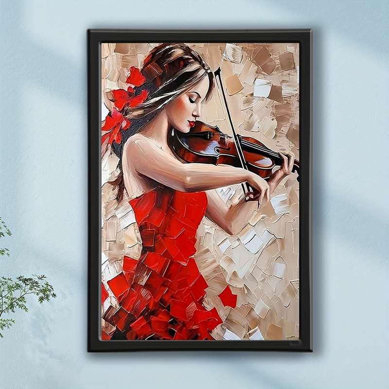 1pc  Framed Abstract Canvas Art Elegant Woman Playing Violin in Red Dress Unique Wall Decor f