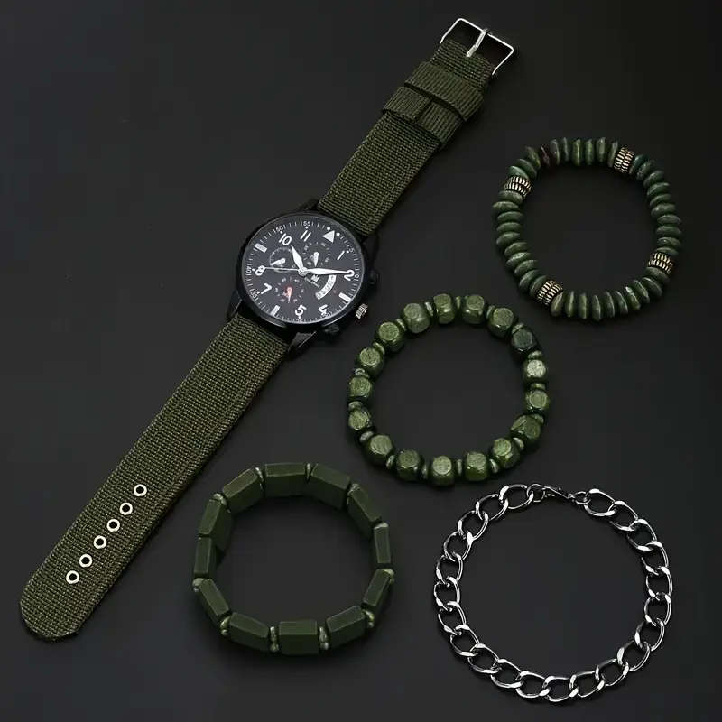 Men's Military Green Fashion Watch Set with Quartz Movement