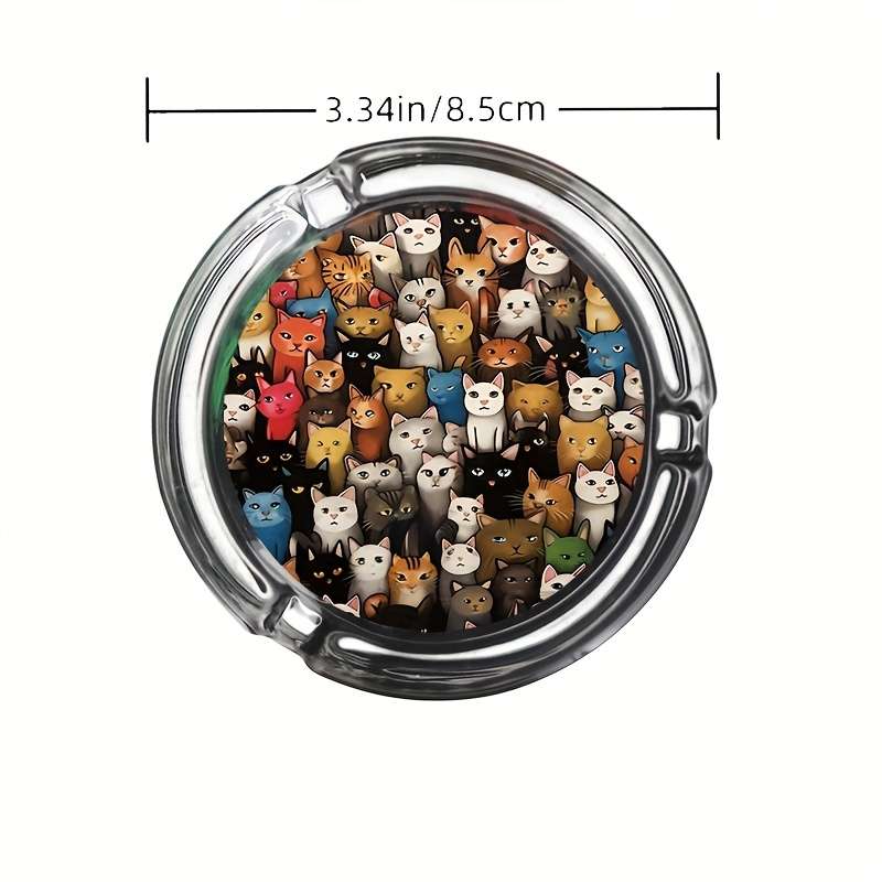 1pc Round Cartoon Cat Glass Ashtray with Lid Colorful Kitten Designs Durable Stylish Smoking A