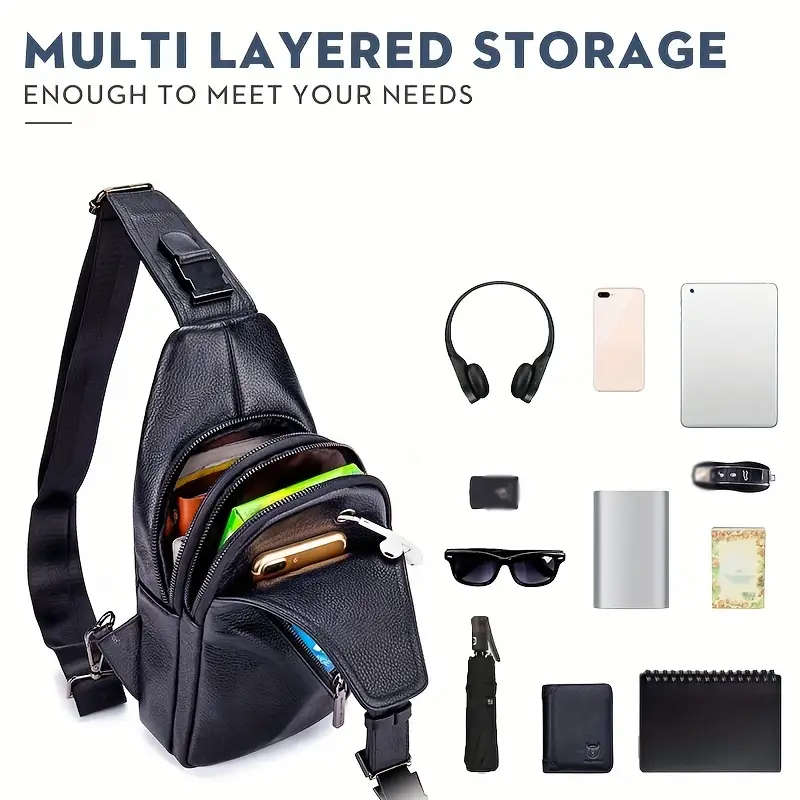 Men's Multi-layer Satchel Bag Genuine Cowhide Leather Sling Bag For Daily Use Multi-functional Shoul