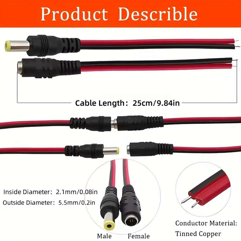 5 Pairs DC Power Male-Female Cables 12V Plug DC Adapter with ABS Resin 5.5x2.1mm Ideal for C