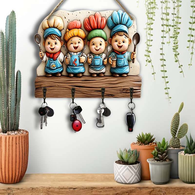 2D Flat 1pc Youngsterss Chef Restaurant Simple Colorful Wooden and Home Key Hanger with Four Met