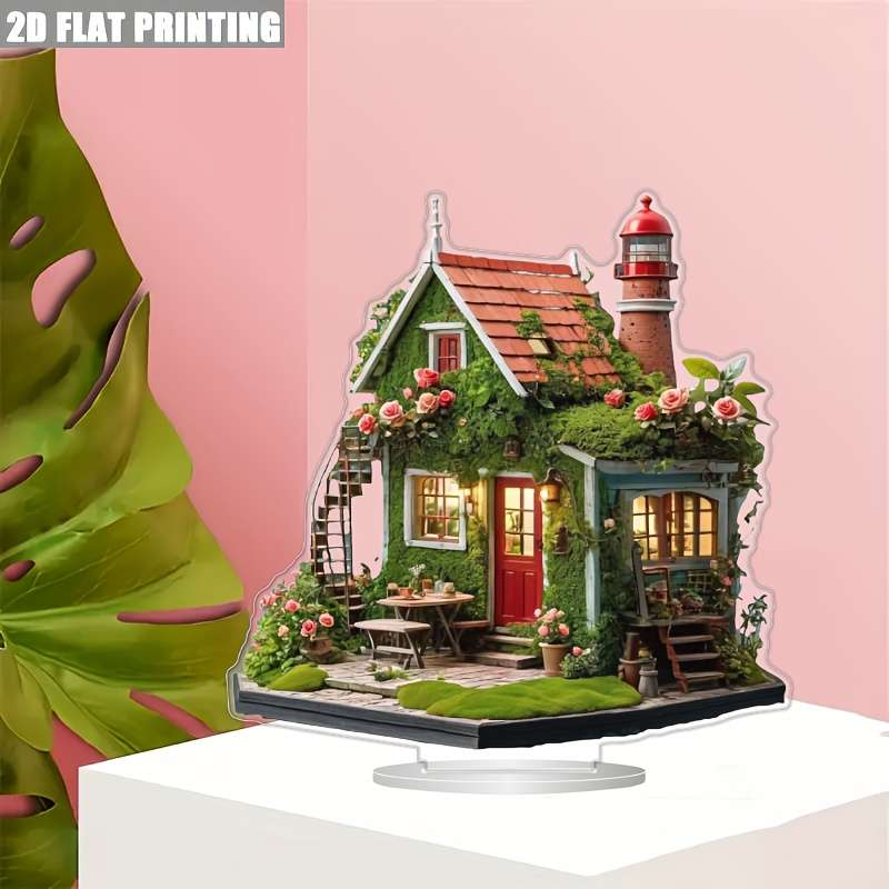 1pc 2D Flat  Bohemian Style Acrylic Holiday Village House Vibrant Lighthouse Cottage Scene with