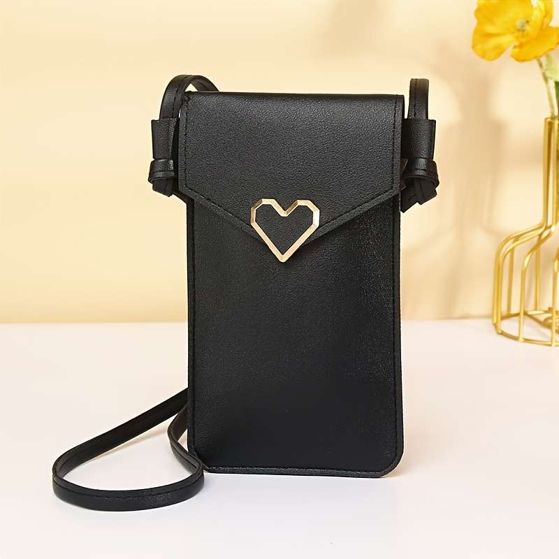 1pc Women'S Vintage Pink Heart Buckle Crossbody Bag with Clear Phone Pocket Durable Synthetic Fau