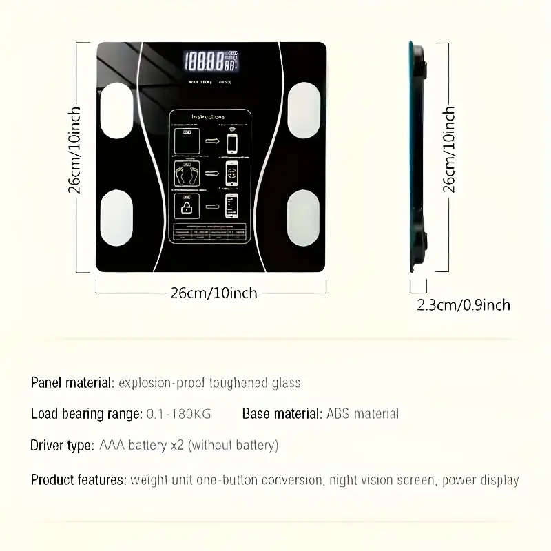 Smart Wireless Wireless Weight Scale with LED Display, Battery Powered (AAA), Real-Time Weight & Bod