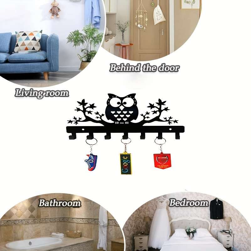 Charming Owl-Shaped Metal Wall Key Hook with 7 HooksEasy Install Powder-Coated Finish for Coats
