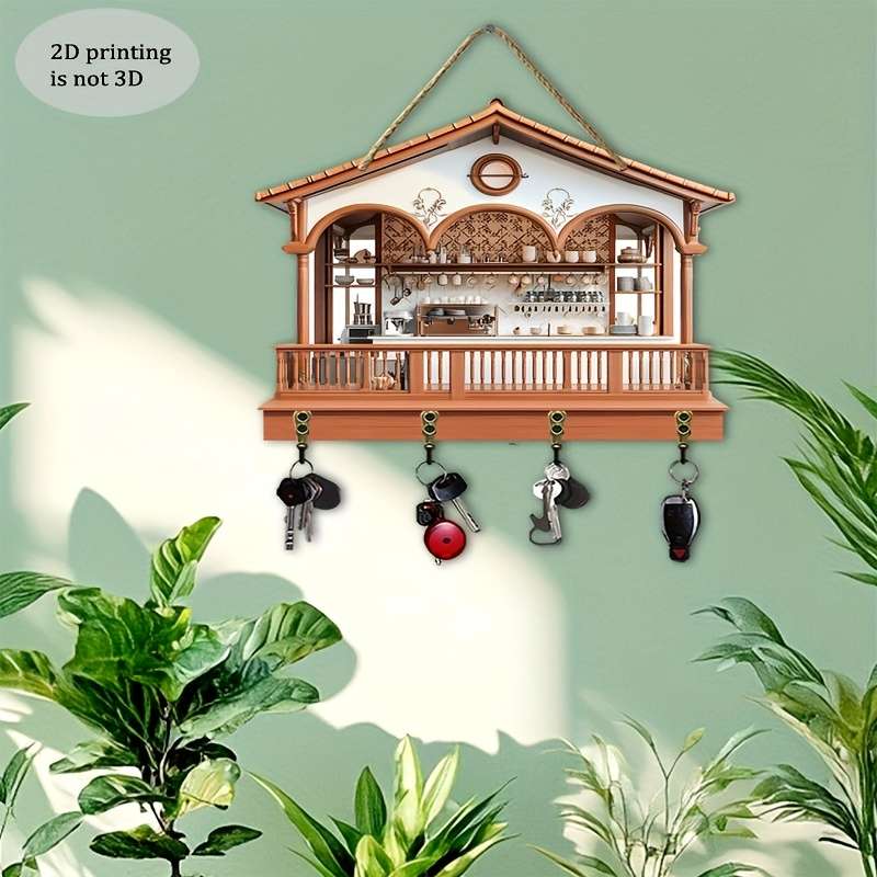 2D Flat 1pc Charming Cottage Simple Colorful Wooden And Home Key Hanger with Four Metal Hooks (30