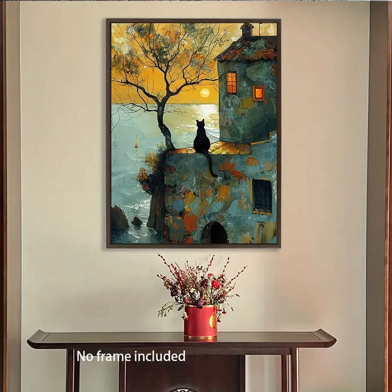 1pc Charming Black Cat Sunrise Canvas Art Painting 12x16 Inch