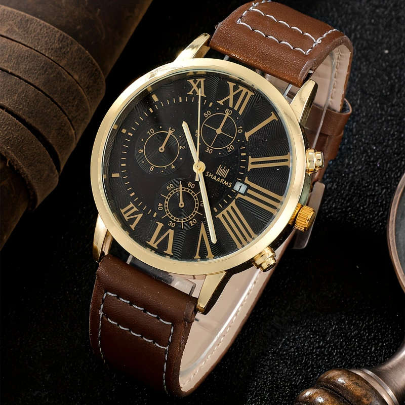4pcs Men's Elegant Quartz Watch Bracelet Set Fashionable Brown with Golden Accent Calendar Feature