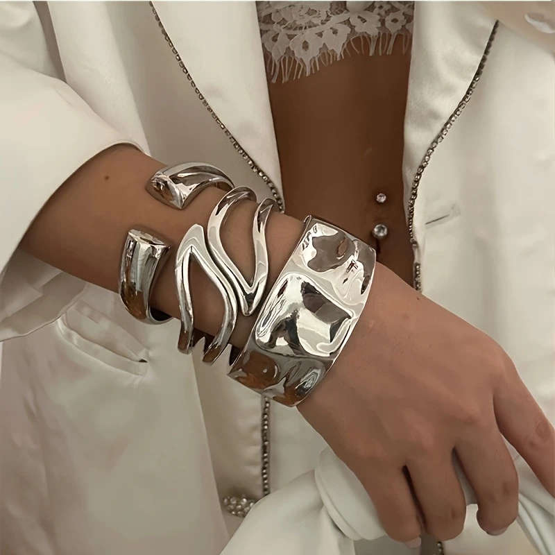 3-Piece Metal Exaggerated Bracelet Set For Women