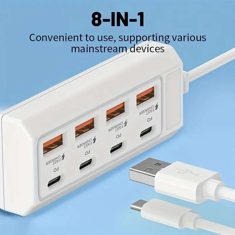 1pc 8Port USB to 4 USB 4 Type-C 25W Hub Multi-Port Fast Charging Compatible with 5V USB Devices Incl