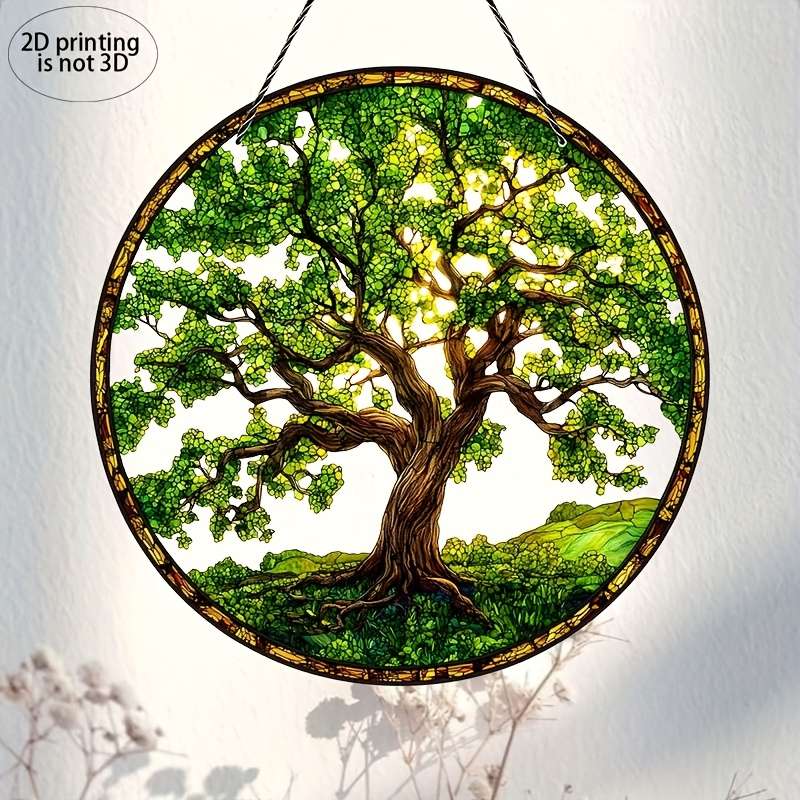 1pc 2D Flat     Printing Oak Tree Suncatcher Colorful Window Hanging Acrylic Sign G