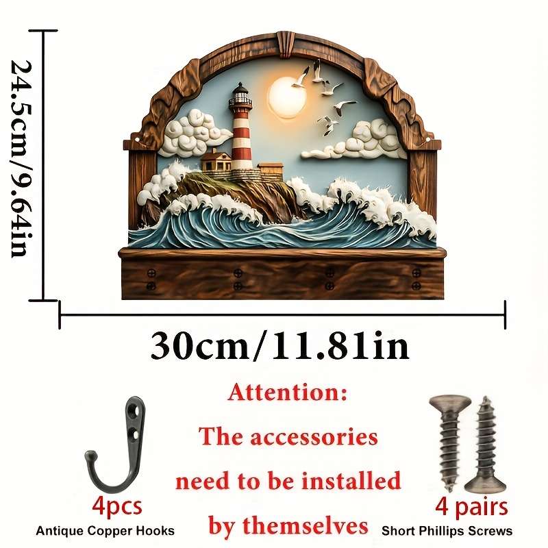 2D Flat 2d/Flat Seaside Lighthouse Simple and Colorful Wooden Home Key Hanger with Four Metal Hooks