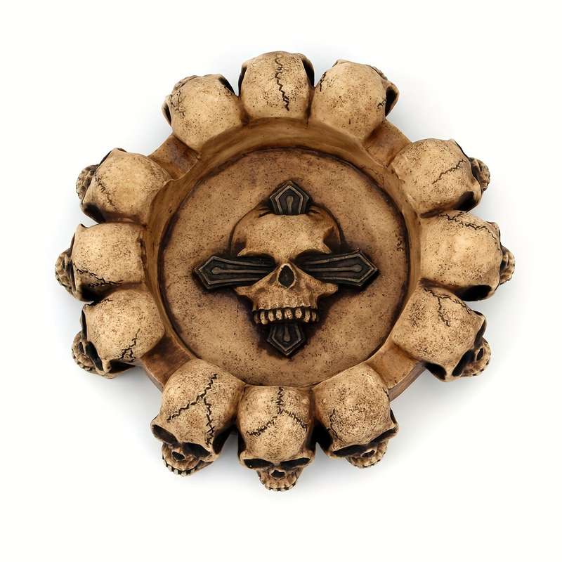 1pc Eclectic Skull Ashtray Gothic Round Resin Ashtray with Cross Detail Decorative Skeleton Head