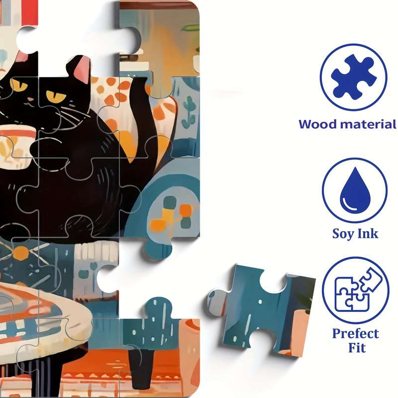 1000pcs Jigsaw Puzzle for Adults Families Black Cat Enjoying Coffee Design Woode