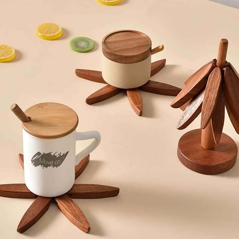 Wooden Tree-Shaped Pot Mat Set Includes 3 Removable Coasters and Base Creative Non-Slip Heat-