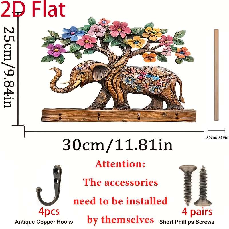 2D Flat 1pc Floral Elephant Simple Colorful Wooden and Home Key Hanger with Four Metal Hooks 2D Fl