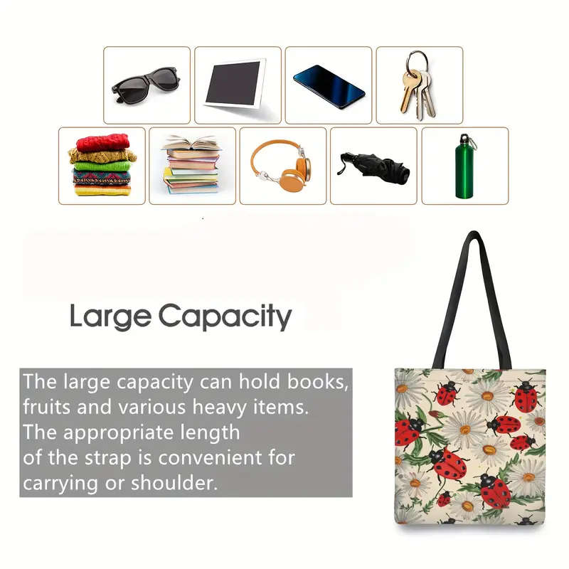 1pc Ladybugs With Daisies Pattern Canvas Tote Bag Large Women Casual Shoulder Bag Handbag Reusable M