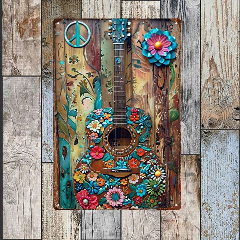 1pc 2D Flat  Hand-Painted Metal Wall Art Floral Guitar with Peace Symbols 20.32x30.48 cm Vib