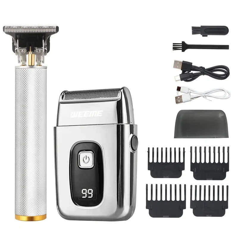 2pcs Professional Cordless Hair Cutting And Shaving Set USB Rechargeable Men'S Hair Clipper Portable