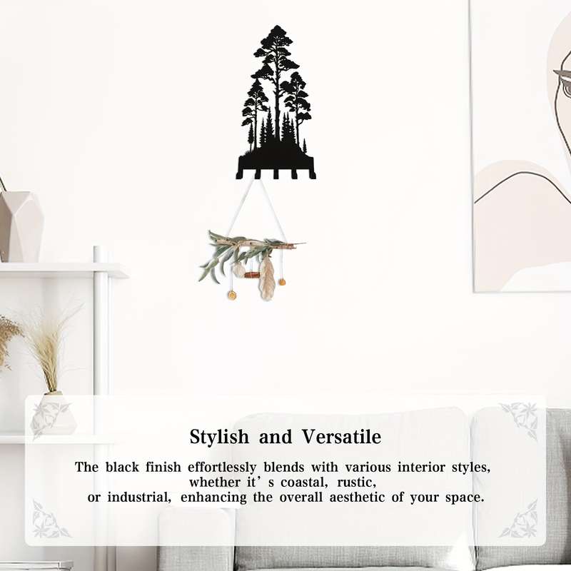 12-Inch Metal Wall-Mounted Key Organizer with 5 HooksBlack Forest Silhouette Design Easy to Ins