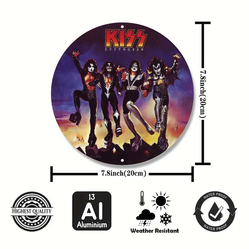 1pc Kiss Rock Band Vintage Aluminum Wall Sign 19.81 cm Round Metal Decor Suitable for Home Bar