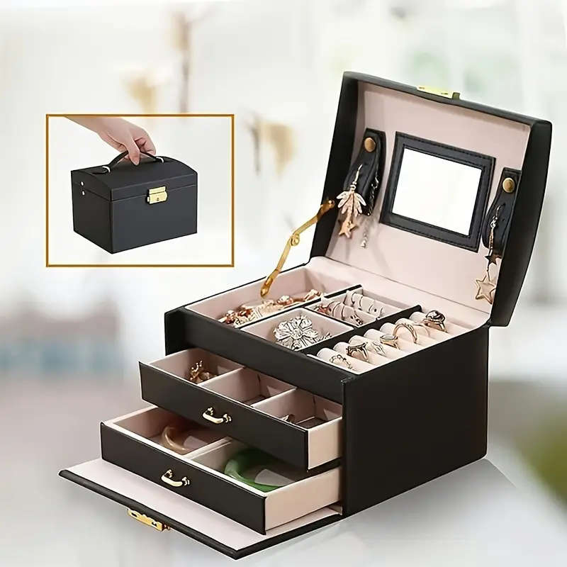 1pc Elegant Black Faux Leather 3-Tier Jewelry Organizer Box with Pink Interior Detachable Tray Mirro